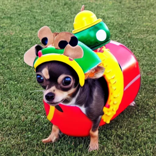 Image similar to photo of mini brown chihuahua in a bowser costume. Post processing , award winning , masterpiece , photo realistic