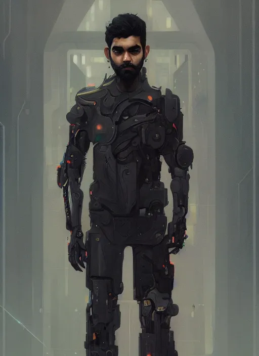 Prompt: a full body portrait oil painting illustration of rahul kohli by justin sweet and greg rutkowski and alphonse mucha with face and body clearly visible, techwear, futuristic, cyberpunk, artstation trending, high quality, sombre mood, artstation trending, abstract colours, no crop, entire character!,