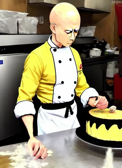 Image similar to chef saitama one punch man, dressed as a pastry chef, fiercely focused at making a cake, beautiful anime artwork