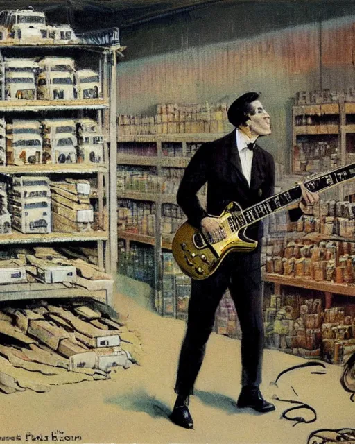 Image similar to Snake Oil salesman shredding on a Gibson Les Paul in a snake oil warehouse, painting by Frank Frazetta