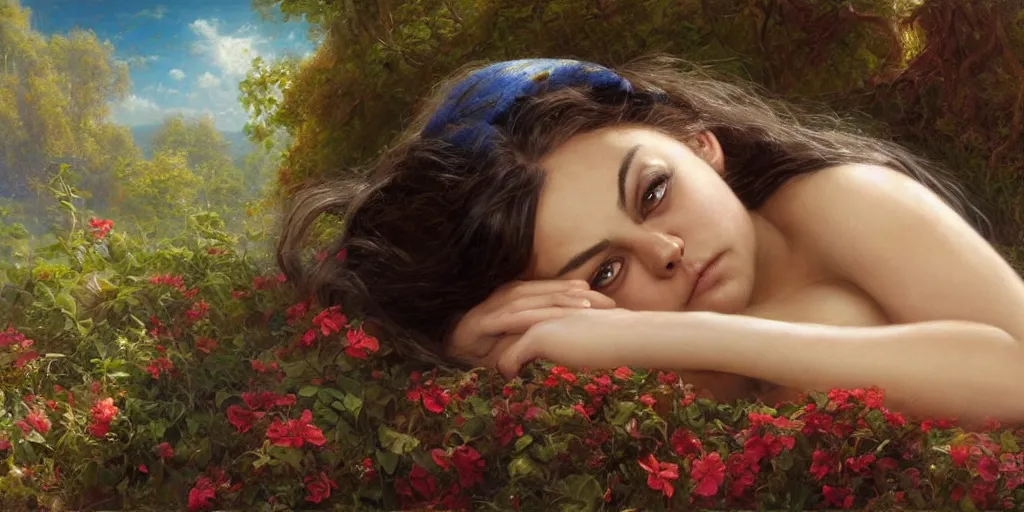 Image similar to Mila Kunis falling asleep, Lilia Alvarado, Sophie Anderson, Mark Arian, Bob Byerley, Charlie Bowater, Mark Brooks, Steve Henderson, Justin Gerard, Arthur Hughes, Edward Robert Hughes, Mark Keathley, Victor Nizovtsev, Carlos Shwabe, Ross Tran, WLOP