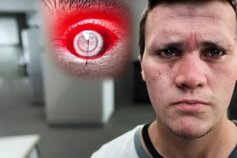 Image similar to wide angle shot of the face of a man with bloodshot eyes