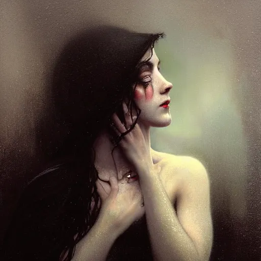 Image similar to hyperrealistic portrait of a woman as a vampire witch tears sorrow makeup dramatic in a black coat reflection in a stone mirror while it's heavily raining. by jeremy mann and alphonse mucha, fantasy art, photo realistic, dynamic lighting, artstation, poster, volumetric lighting, very detailed faces, 4 k, award winning