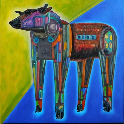 Prompt: an anthromorphic wolf robot using the force to levitate a sheep, by amanda clark in a psychedelic style, oil on canvas