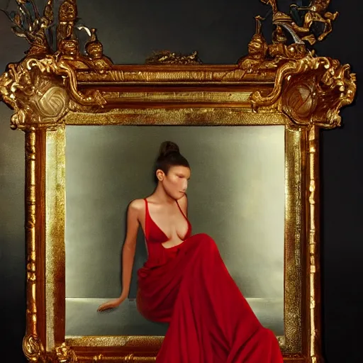 Image similar to Bella Hadid full body laying in a blood red pool of water between a golden mirror frame, outside is space and inside the mirror frame is a beautiful landscape., physically accurate, dynamic lighting, intricate, elegant, highly detailed, very very Roberto Ferri, sharp focus, illustration, art