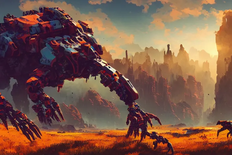 Image similar to scorcher machine mecanical creature robot of horizon forbidden west horizon zero dawn radiating a glowing aura global illumination ray tracing hdr fanart arstation by ian pesty and alena aenami artworks in 4 k