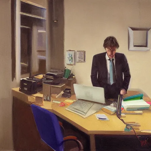 Prompt: scene at office with an handsome man of 3 9 years old, green eyes, light brown, good looking, wide round nose, mid long hair, in an office by david rutkowski, by artgem