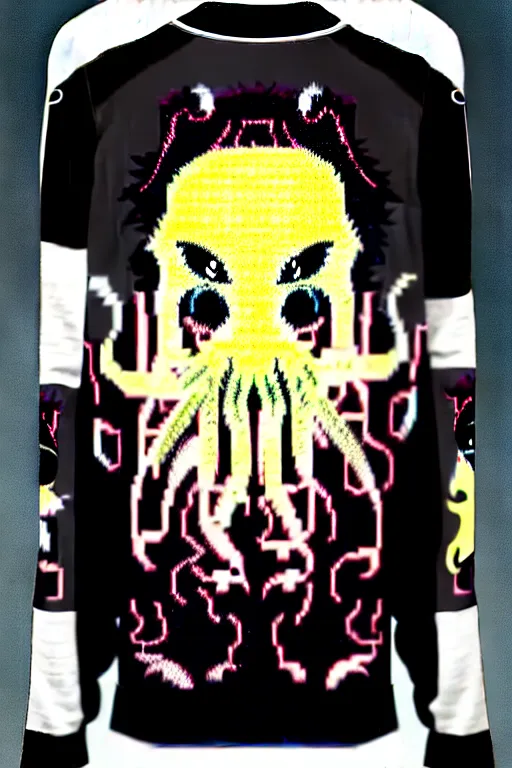 Prompt: a cybernetic Cthulhu cashmere sweater on Pete Wentz created by Gerald Brom, Peter Mohrbacher, Basquiat, James Jean, Craig Mullins, Alphonse Mucha, Mike Mignola, Akihiko Yoshida + intricate, ornate detailed Illustration