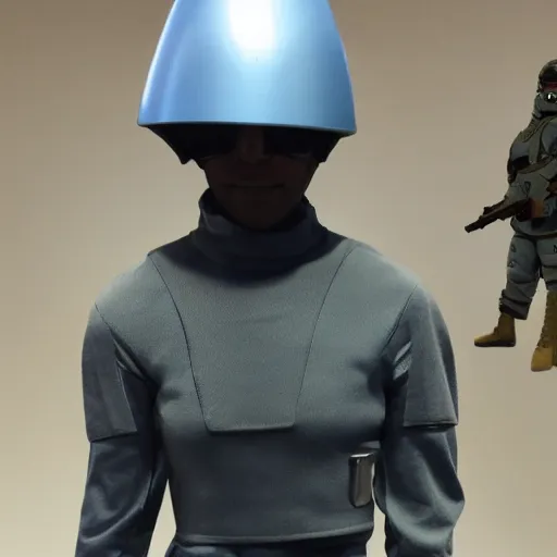 Image similar to a futuristic soldier captain with a metal visor and a blue shoulderpad