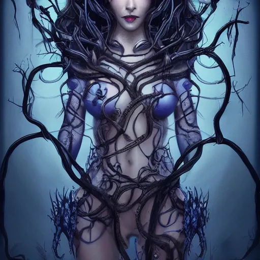 Prompt: dark queen of snakes, crown of snakes, blue skin, realism, dark fantasy, thorned vines, cgsociety, artstation