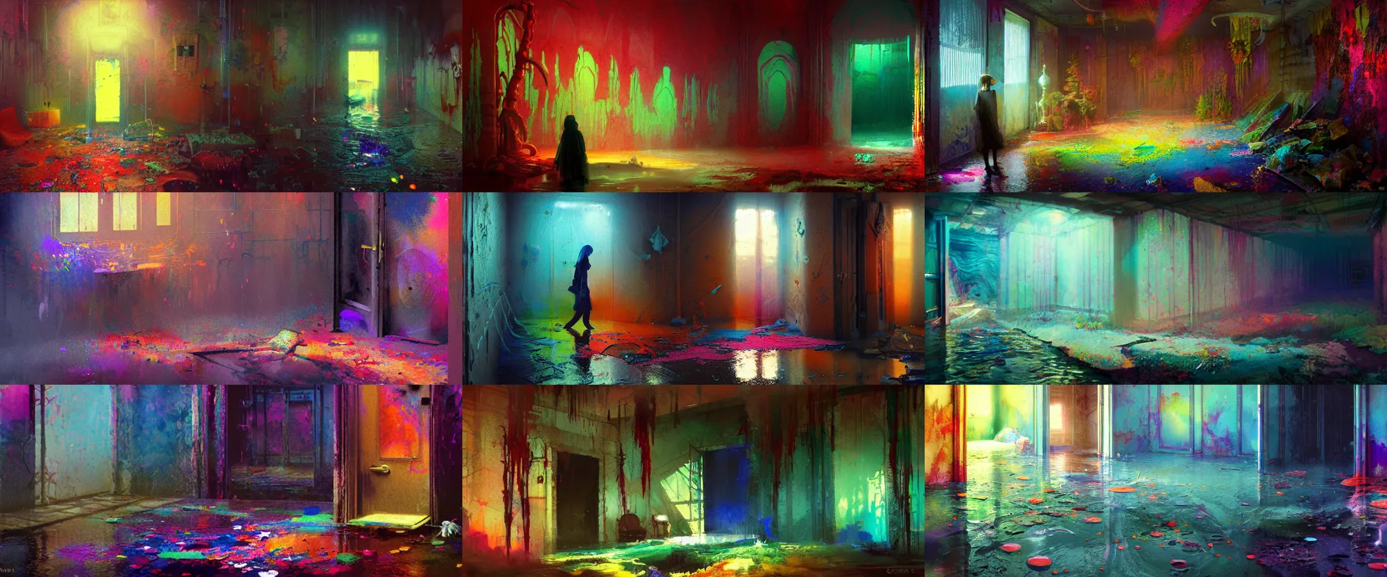 Prompt: Colorful, creepy landscape painting of detailed interior of a liminal space partially flooded with colored liquid, basement, door ajar, anime key visual by Craig Mullins