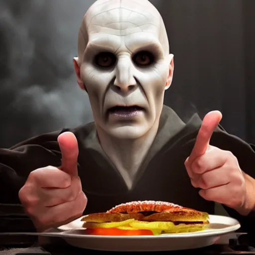 Image similar to Lord Voldemort eating a cheeseburger, photo realistic, award-winning, highly-detailed, epic, cinematic, dramatic