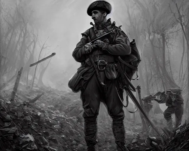 Prompt: A despaired soldier in a world war 1 trench, black and white, amazing digital art, hyper detailed, artstation, in the style of Tony Sart