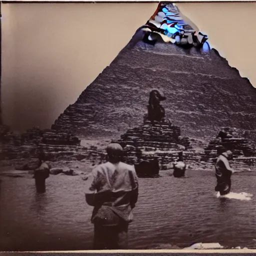 Image similar to tintype photo, underwater, Godzilla walking in front of the pyramids