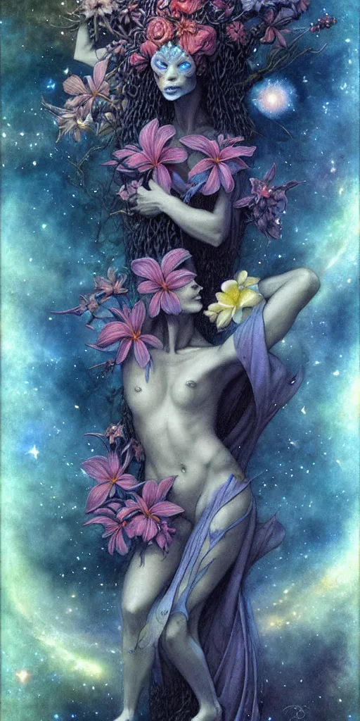 Image similar to tropical flowers, night sky background, nebula, beautiful! coherent! by brom, by brian froud, deep color, strong line, high contrast