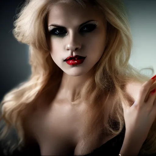Prompt: A blonde female vampire poses for the camera, portrait, intricate, epic lighting, cinematic composition, 4k resolution, stylized