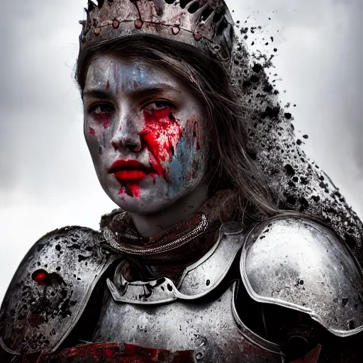 Prompt: head and shoulders portrait of a female knight, dirty armor, lightly dirty face, light spatter of blood, detailed face, photography by jimmy nelson, dramatic mountain background, moody lighting, hq