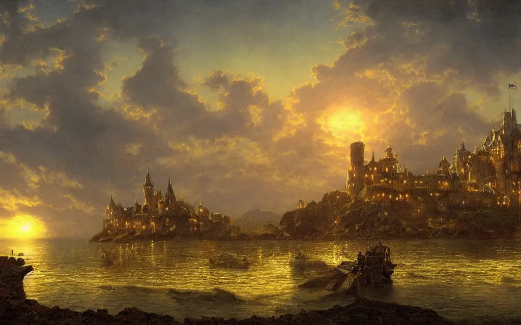 Prompt: large grand royal medieval castle at dusk, on a hill, small town surrounding, steampunk, ocean in the distance, cinematic lighting, intricate ink illustration, by albert bierstadt