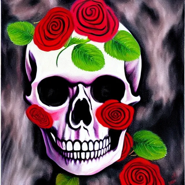 Image similar to a beautiful painting skull rose, by kusama miyama and jean michel basquiat realistic oil painting