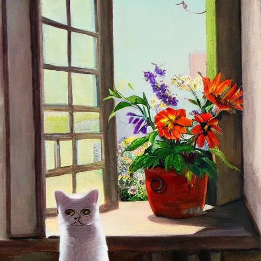 Image similar to cat on the table, flowers in vase, window with plant, village, oil painting