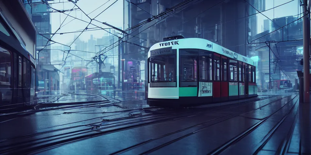 Prompt: a tram passes through the building ， cyberpunk, 4 k resolution, ultra wide angle, cinematic, octane render