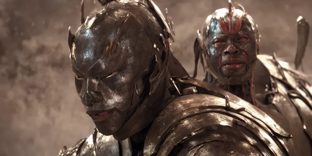 Image similar to a film still of a black man starring in a japanese blockbuster film as yoshimitsu, shallow depth of field, cinematic, award winning cgi, vfx, film still