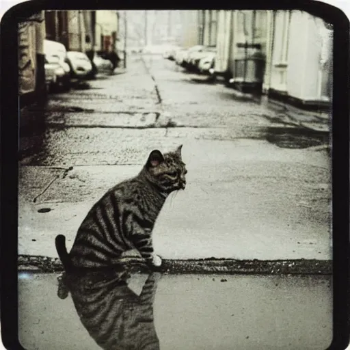 Image similar to wide-shot very low-angle eyesight reflection of a cat in the puddle at the street in Moscow, polaroid photo, by Andy Warhol, signed