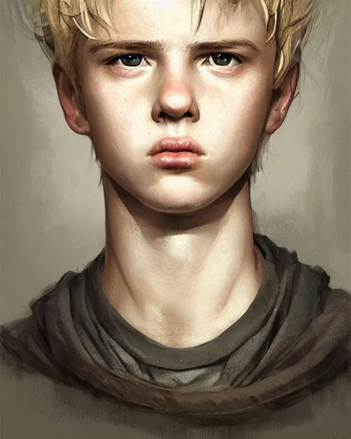 Image similar to portrait of 1 5 - year - old boy with blonde hair, round - face, and slightly buck - toothed, hyper realistic face, beautiful eyes, fantasy art, in the style of greg rutkowski, intricate, hyper detailed, smooth