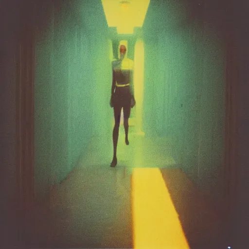 Image similar to color Polaroid of an extremely tall creature in a hallway with long limbs and yellow energy