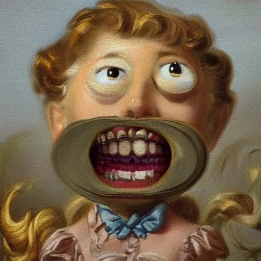 Image similar to helga pataki's teeth, soft rainbow, painting by francois boucher, sad minion eyes