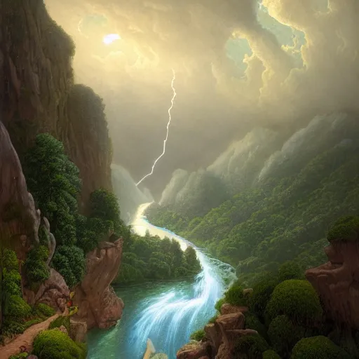 Image similar to Beautiful hyperrealistic detailed matte painting of a Landscape with a view of the river in the Rock Gorge of Love on the Lost Vibes and uncontrolled darkness in distant background, summer, thunderstorm, by andreas rocha and john howe, and Martin Johnson Heade, featured on artstation, featured on behance, golden ratio, ultrawide angle, f32, well composed, cohesive