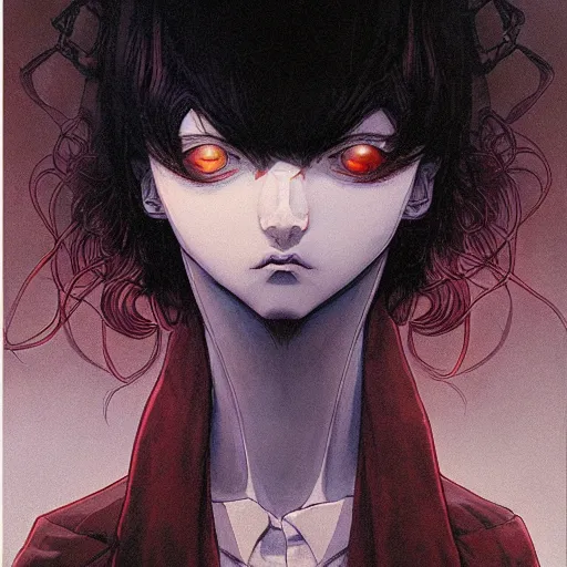 Prompt: prompt : magestic vampire portrait soft light painted by james jean and katsuhiro otomo, inspired by evangeleon anime, smooth face feature, intricate oil painting, high detail illustration, sharp high detail, manga and anime 1 9 9 0