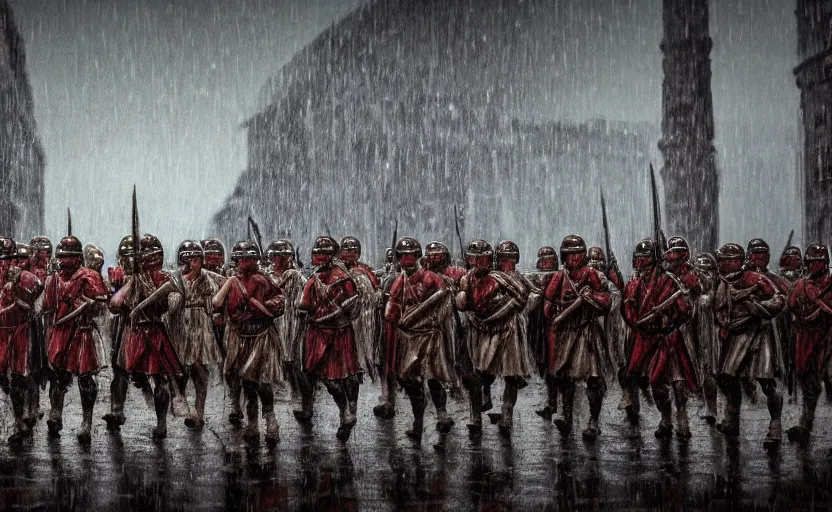 Prompt: column of Roman soldiers marching under pouring rain. Year 45 BC. dusk. bad weather. 8K. detailed. photorealism. artstation. 25mm f/1.7 ASPH Lens. ultra realistic