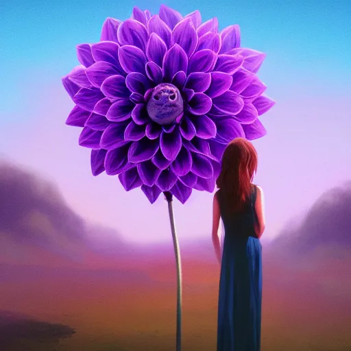 Prompt: portrait, giant purple dahlia flower head, woman in oasis, surreal photography, sunrise, blue sky, dramatic light, impressionist painting, digital painting, artstation, simon stalenhag