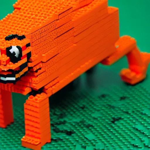 Image similar to smiling orange scratch cat walking, 10,000 piece LEGO sculpture by master builder