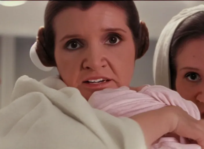 Image similar to screenshot of Princess Leia Organa holding a one newborn baby in a swaddle with Han Solo standing next to her, iconic scene from 1970s film directed by Stanley Kubrick, in a sci fi nursing home architecture, 4k HD sharp, cinematic lighting still frame, photoreal, detailed face, moody lighting, stunning cinematography, anamorphic lenses, kodak color film stock