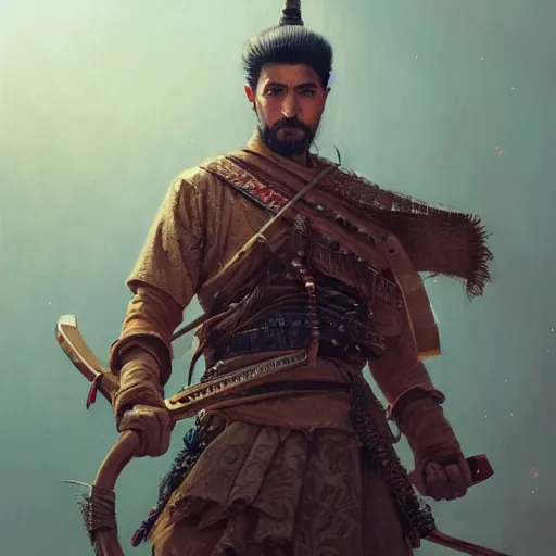 Image similar to Highly detailed portrait of Kurdish samurai, Stephen Bliss, unreal engine, fantasy art by Greg Rutkowski, Loish, Rhads, ferdinand knab, Makoto Shinkai and Lois van baarle, ilya kuvshinov, rossdraws, Tom Bagshaw, alphonse mucha, global illumination, radiant light, detailed and intricate environment, highly detailed, award winning art