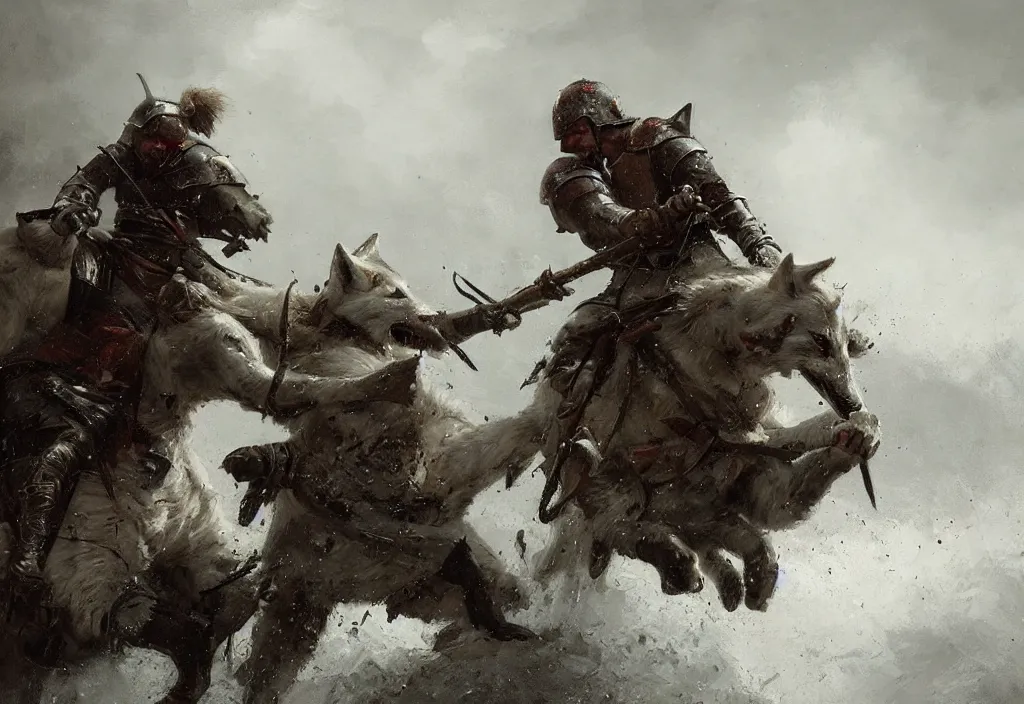 Prompt: one large white wolf fighting a medieval soldier, artstation, jakub rozalski, high detail, dramatic lighting, night, rain