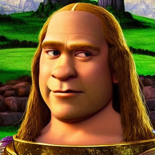 Prompt: shrek from shrek with long lush golden hair attractive muscular stylish knight in shining golden armor with long lush golden hair a strong jaw and attractive green eyes, fantasy art, hyper detailed, extremely complex, hyper realistic, similar to the mona lisa, art by leonardo devinci