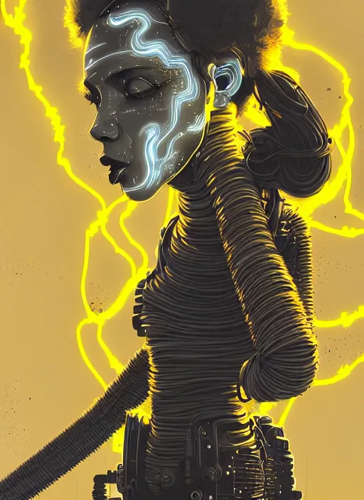 Image similar to highly detailed portrait of wasteland punk long curly glowing yellow and white plasma electricity hair tribal lady, stray electric spark wiring by atey ghailan, james gilleard, by joe fenton, by greg rutkowski, by greg tocchini, by kaethe butcher, 4 k resolution, gradient yellow, black and white color scheme!!! ( ( lightning cloudy robotic dystopian city background ) )