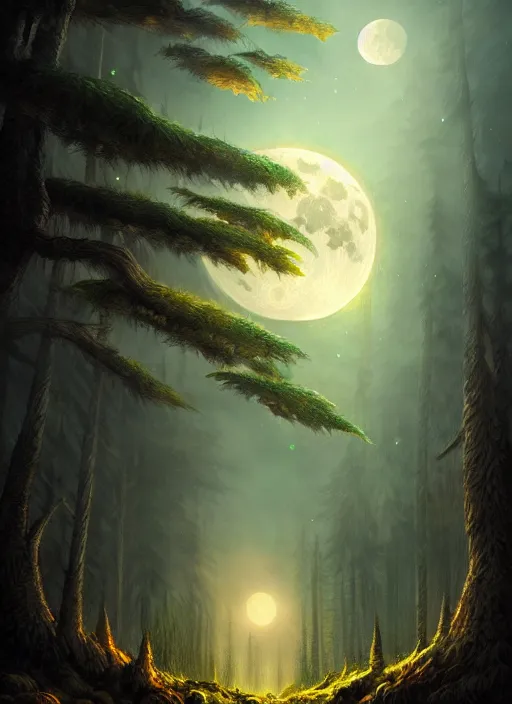 Image similar to fantasy book cover, full moon, fantasy forest landscape, sharp focus, illustration, highly detailed, digital painting, concept art, matte, masterpiece