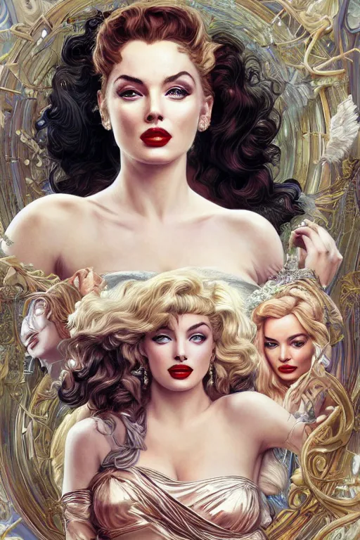 Image similar to ultra realistic illustration, a stunningly beautiful greek goddess of chaos played by marilyn monroe and christina hendricks and margot robbie and taylor swift and megan fox and emma stone and britney spears, intricate, elegant, highly detailed, digital painting, artstation, concept art, smooth, sharp focus, illustration, art by artgerm and greg rutkowski and alphonse mucha