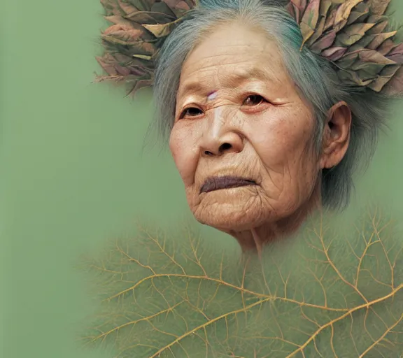 Prompt: detailed pastel colors portrait of an old woman with hair made of leaves, by hsiao - ron cheng, fine detail, 8 k