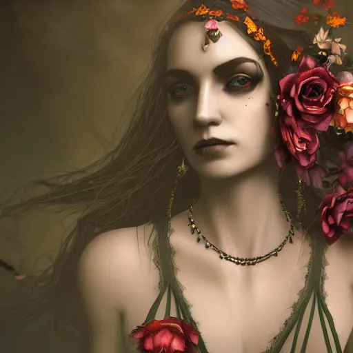 Prompt: A portrait of a Gothic goddess of floral jewels in an empty land, dark and mysterious, lively atmospheric, cinematic, 8k, 4k, ultra detail, ultra-realistic, rendered by Artstation