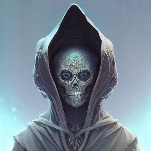 Prompt: portrait of archmage skeleton in a hoodie, d & d, face, fantasy, intricate, elegant, highly detailed, digital painting, artstation, concept art, smooth, sharp focus, illustration, art by artgerm and greg rutkowski and alphonse mucha