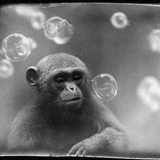 Image similar to tintype photo, underwater with bubbles, monkey rides a jellyfish