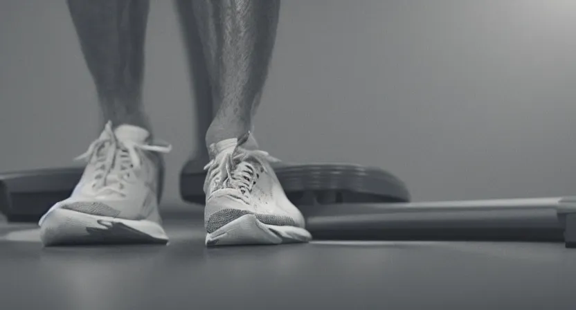 Prompt: close up on old running shoes running on a treadmill. cinematic lighting. moody. sci fi. concept art illustration. subdued tones.