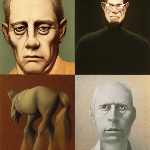 Image similar to portrait face head eyes man ears Nightmarish Horse Man Warlock the Hank Hill camouflaged as a Pony wearing a black shirt mark ryden greg rutkowski andrew wyeth giorgio de chirico dan witz