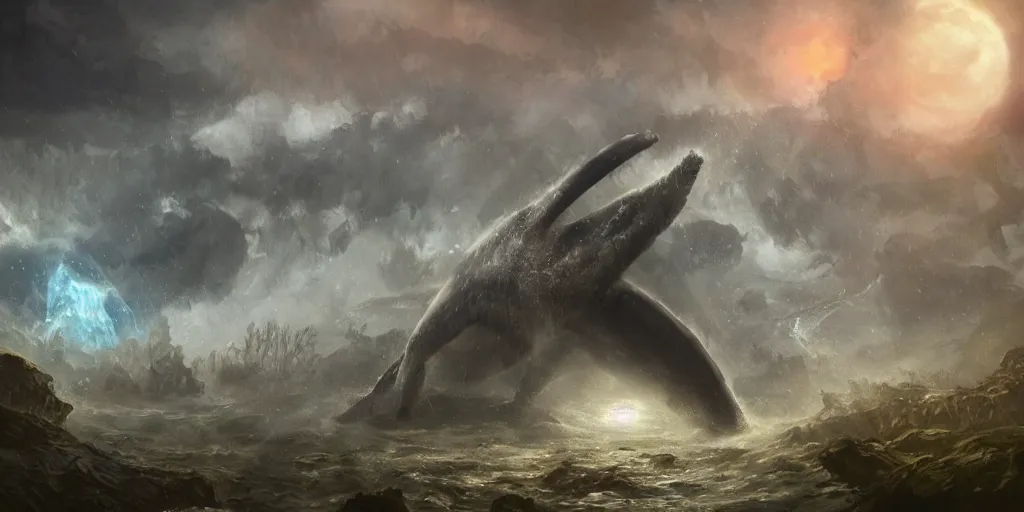 Image similar to concept art of giant whale, lava rocks, lovecraftian, renaissance, roaring, melting horror, round moon, rich clouds, fighting the horrors of the unknown, overgrown forest, very detailed, volumetric light, mist, fine art, decaying, textured oil over canvas, epic fantasy art, very colorful, ornate scales