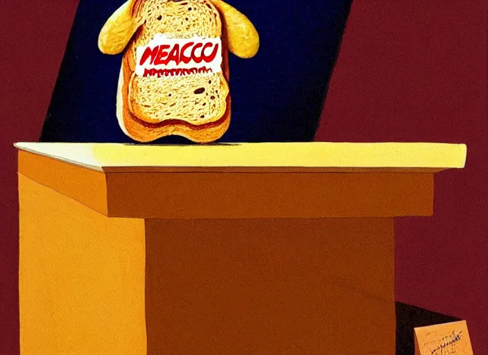 Image similar to anthropomorphic piece of toast in front of a podium, by marco bucci and frank frazetta